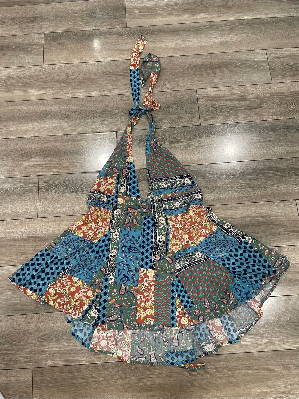 Boho Patchwork One-Shoulder Summer Dress in Teal & Rust